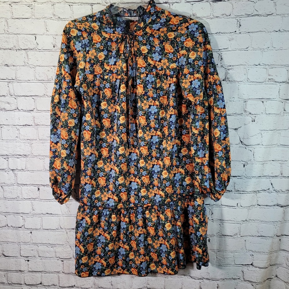 Kirundo Floral Mini Dress Womens M Blue Orange Excellent Boho Ruffle‎ Tie Neck
